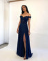 2020 Navy Blue Blue Prom Dresses Off The Shoulder Chiffon Lace Appliques Long Homecoming Gowns